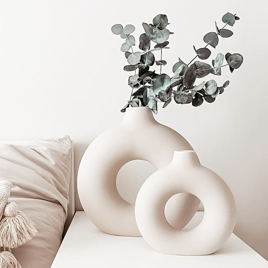 1pc Contemporary Ceramic Vase, Round Circle Design, Creative Ceramic Craft, Living Room Decor, Cross-Border Bestseller, 5.12*5.51inch Decorative Flower Vase
