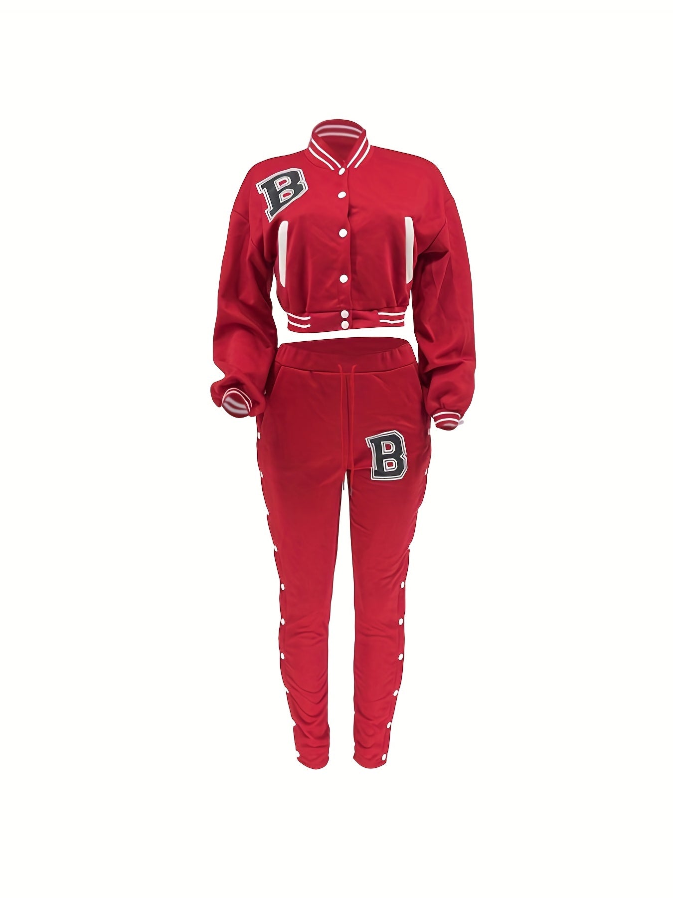 Women's Red Jacket and Pants Set - Casual Polyester with Letter "B" Patches, Button Closure, and Striped Accents