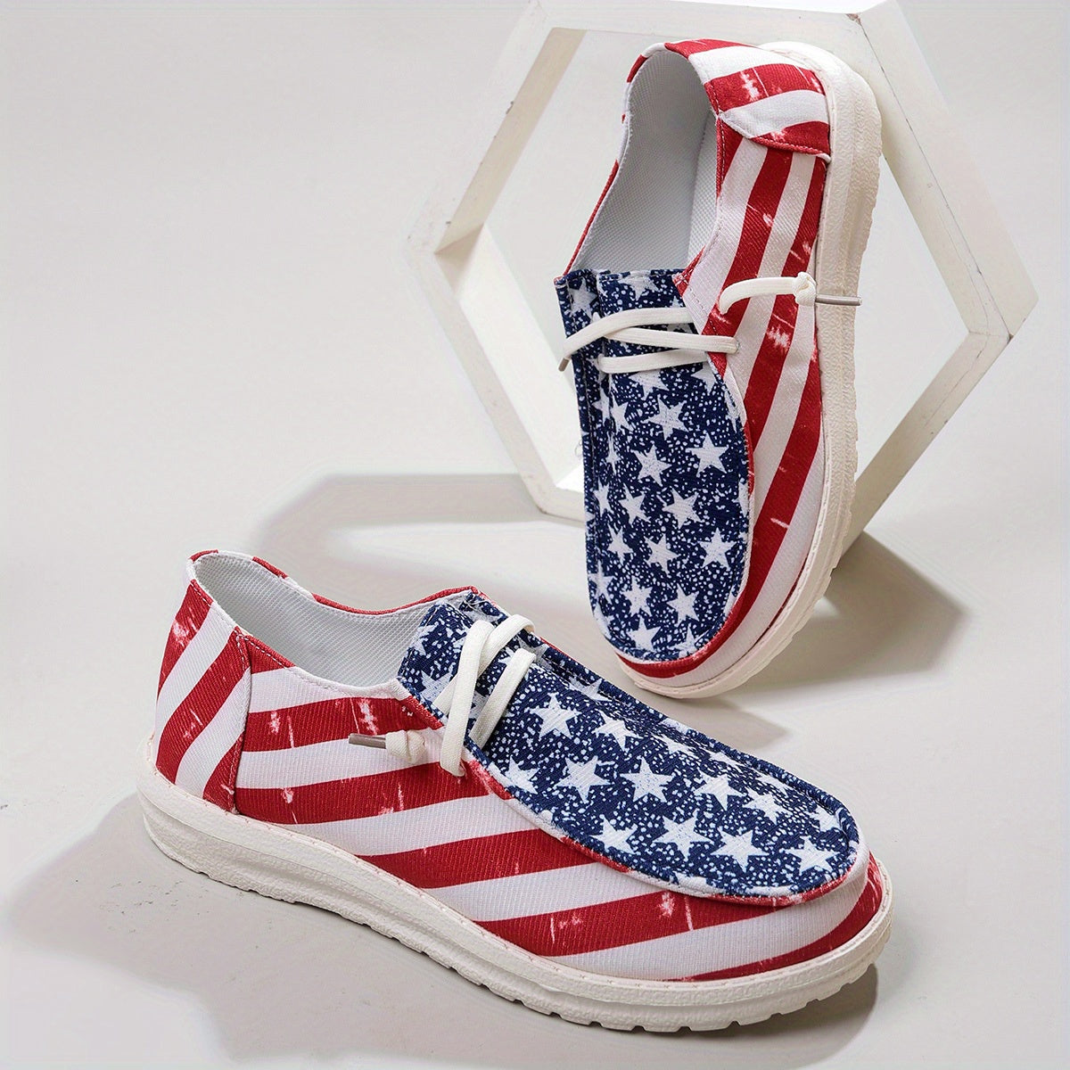 Stylish Womens Canvas Shoes - Breathable Mesh Lining, Fabric Insole, Random Stripe Pattern, Rubber Sole, Round Toe, Lightweight Low Top Design for Casual Outdoor Activities - Independence Day Flag Element
