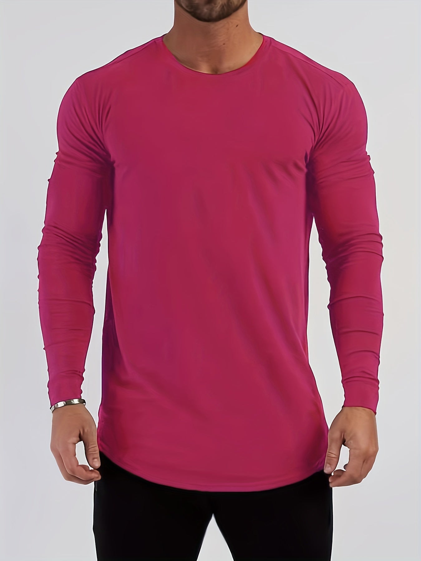 Mens Premium Solid Hue Slim Fit Long Sleeve Sports Shirt - Comfortable Crew Neck, Athletic for Fitness, Hiking & More - Versatile Top for Active Men