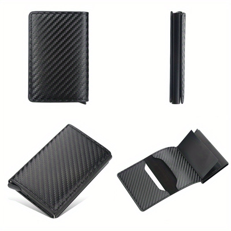 OBCREATOR Carbon Fiber RFID Blocking Wallet, Slim Metal Pop-Up Credit Card Holder, Aluminum Alloy, Non-Braided, Simple Style, Black, Minimalist Design for Men