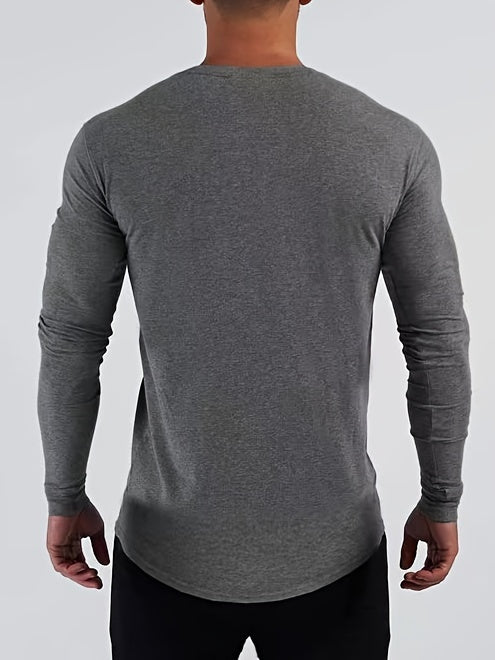 Mens Premium Solid Hue Slim Fit Long Sleeve Sports Shirt - Comfortable Crew Neck, Athletic for Fitness, Hiking & More - Versatile Top for Active Men