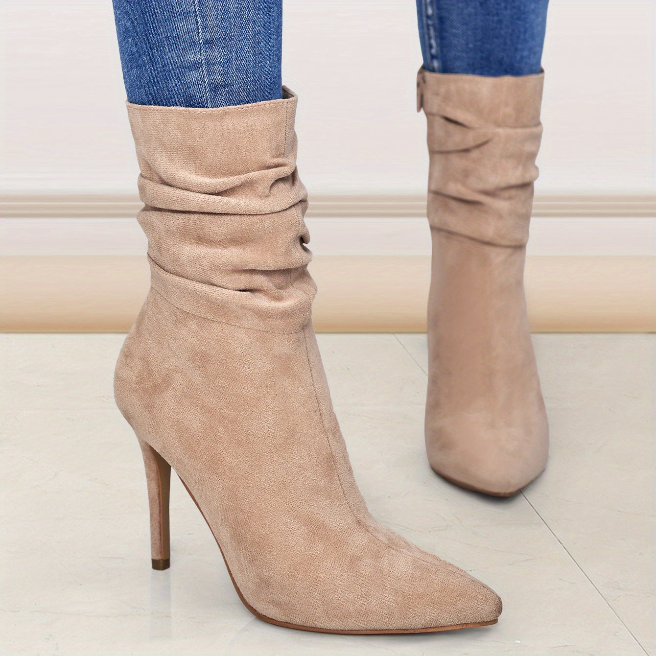 Women's Plain Fashionable Mid-Calf Boots with Zipper for Comfort and Casual Wear, Round Toe in the Middle of Calf