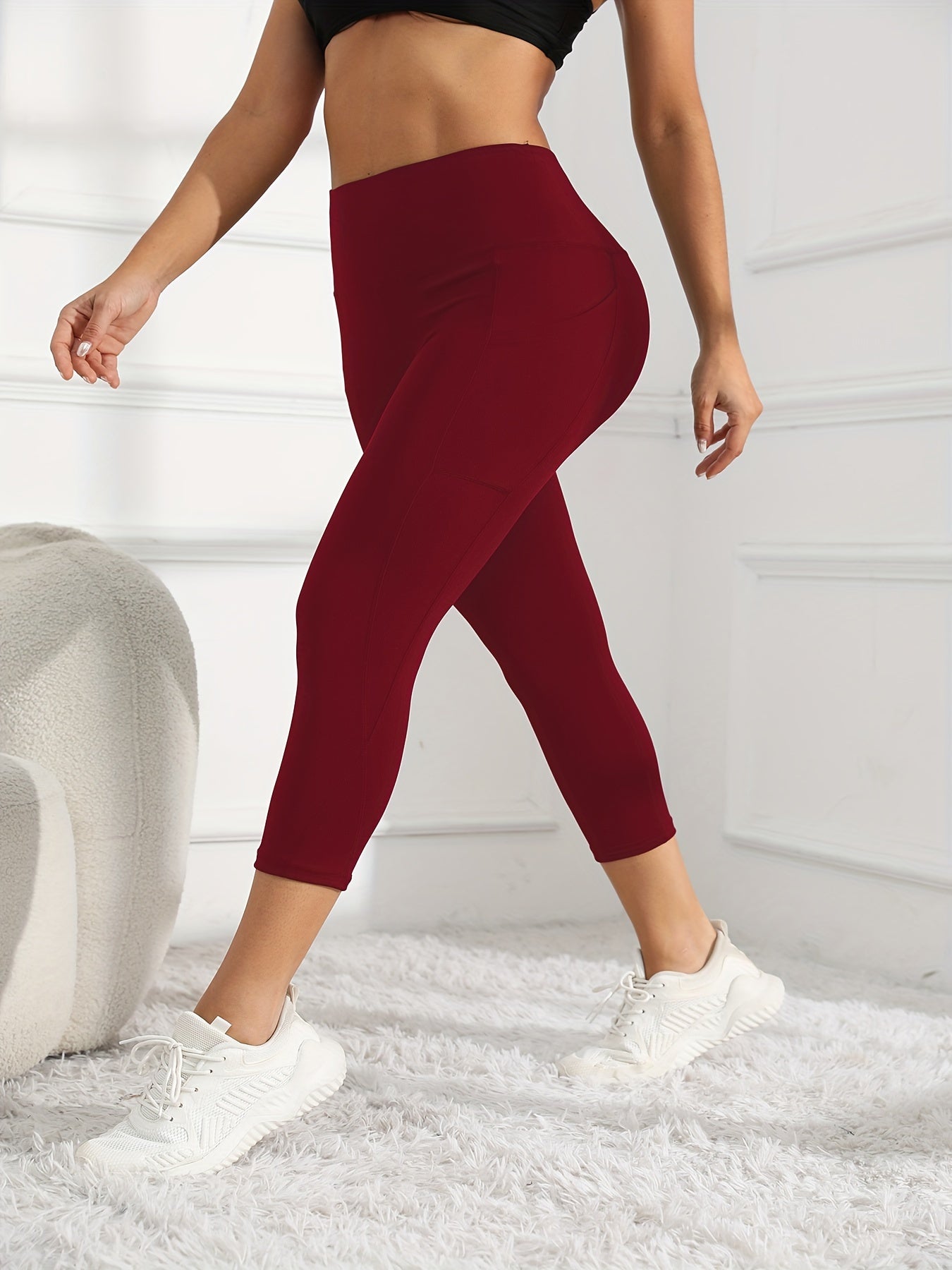 Women's High-Waisted 7/8 Length Leg Workout Leggings - Full-Length Leg Muscle-Building Gym Pants with Pockets, Solid Green Yoga Pants for Cycling, Pilates, Training | All-Season Fitness Pants with 7/8th Leg Coverage, Smooth T