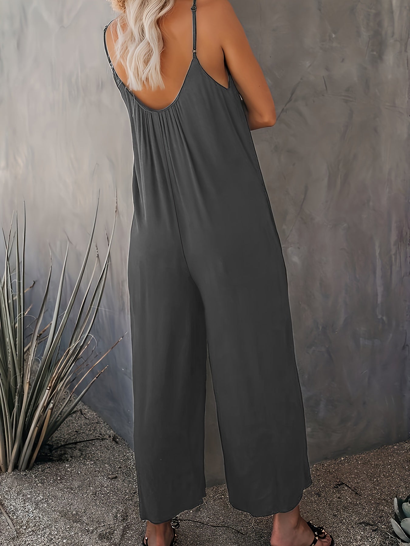 Plus Size Basic Jumpsuit, Women's Plus Solid V Neck Wide Leg Summer Cami Jumpsuit