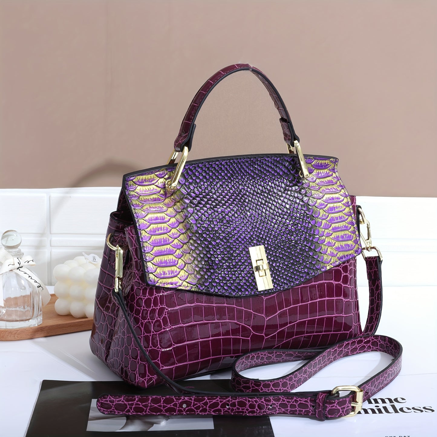 Premium Luxury Womens Retro Crocodile Pattern Bag - Stylish Crossbody Satchel with Elegant Top Handle - Versatile Shoulder & Handbag