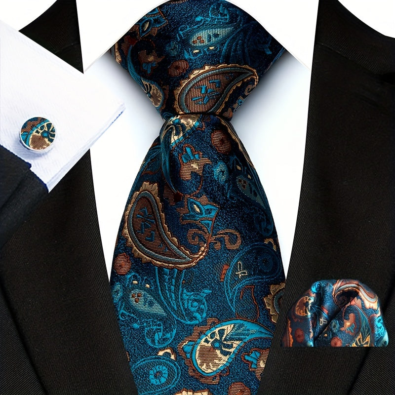 Three-Piece Gentlemans Accessory Set - Stylish Paisley Pattern Tie, Pocket Square, and Cufflinks - Perfect Gift Idea for Men on Special Occasions