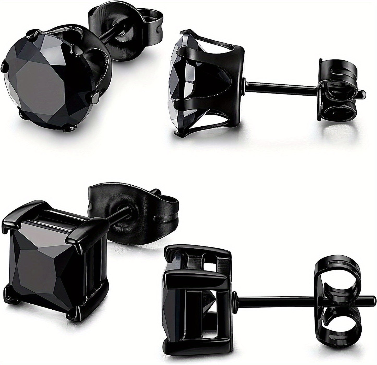 2 Pairs Stainless Steel Unisex CZ Stud Earrings - Durable Hypoallergenic, Jet Black, Sparkling Cubic Zirconia, Perfect for Men & Women
