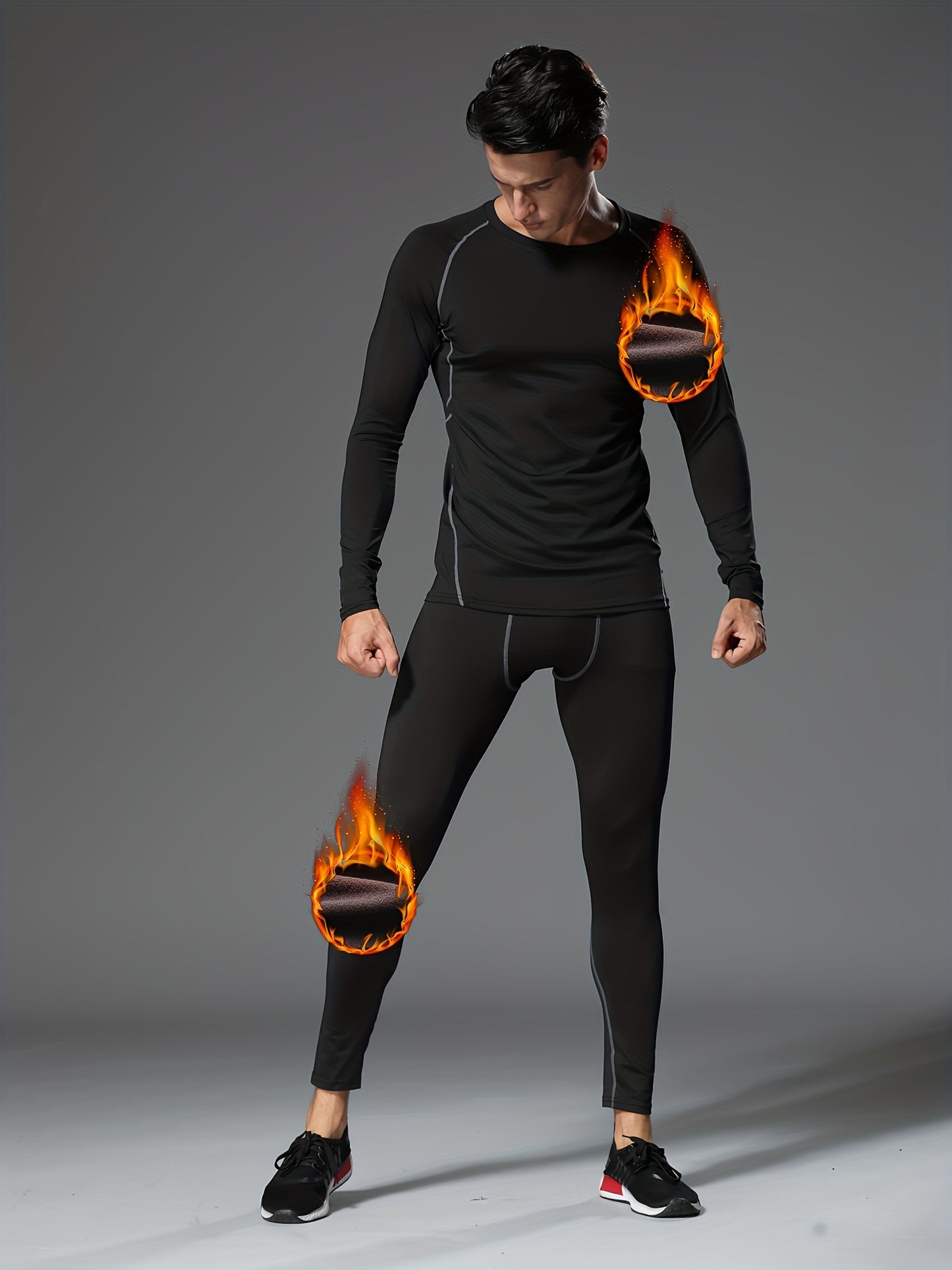 8pcs Men's Fleece Athletic Set - Full-Body Tight-Fit Gym & Suit, Polyester Knit Thermal Outfit for Winter Sports, Running, Hiking, Basketball & Cycling, Warm Sports Wear, Winter Sportswear, Winter Gym Clothes, Winter Sports W