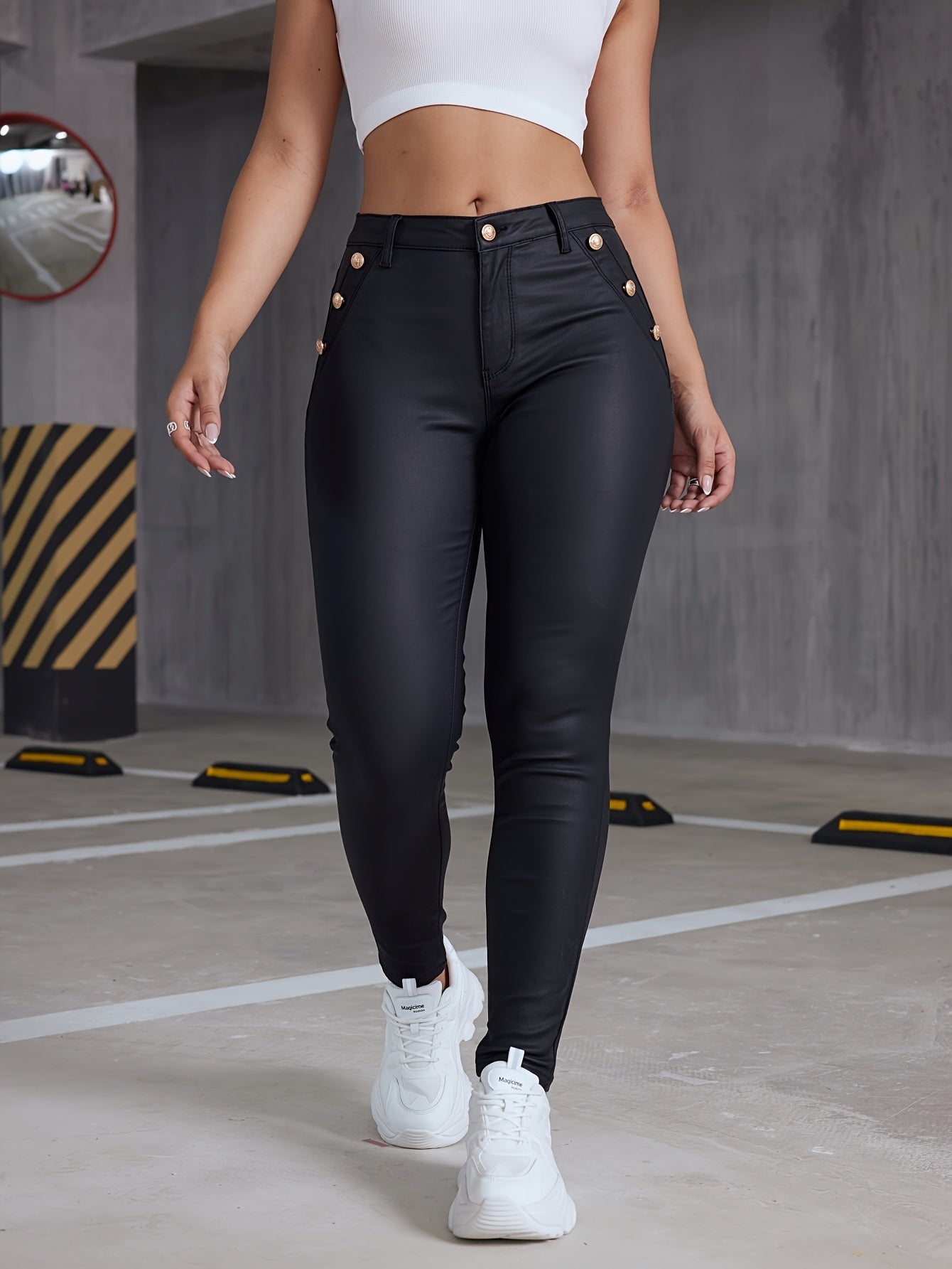 Women's PU Leather Coated Slim Fit Trousers, Sexy Skinny Denim Pants, All-Season Stretchy Jeans, Casual To Dressy Look, Spring/Summer/Autumn/Winter, Black Color
