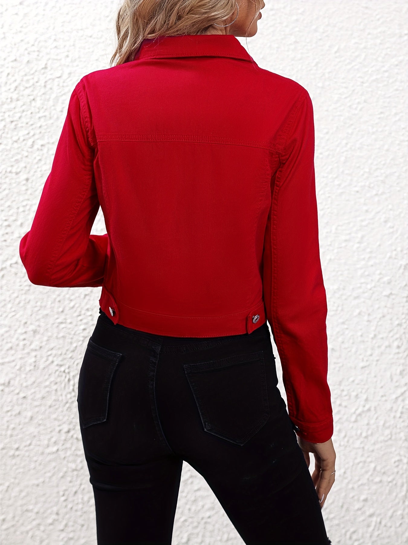 Womens Classic Red Denim Jacket - Slim Fit, Single-Breasted Button Lapel - Versatile & Fashionable Coat for Everyday Style