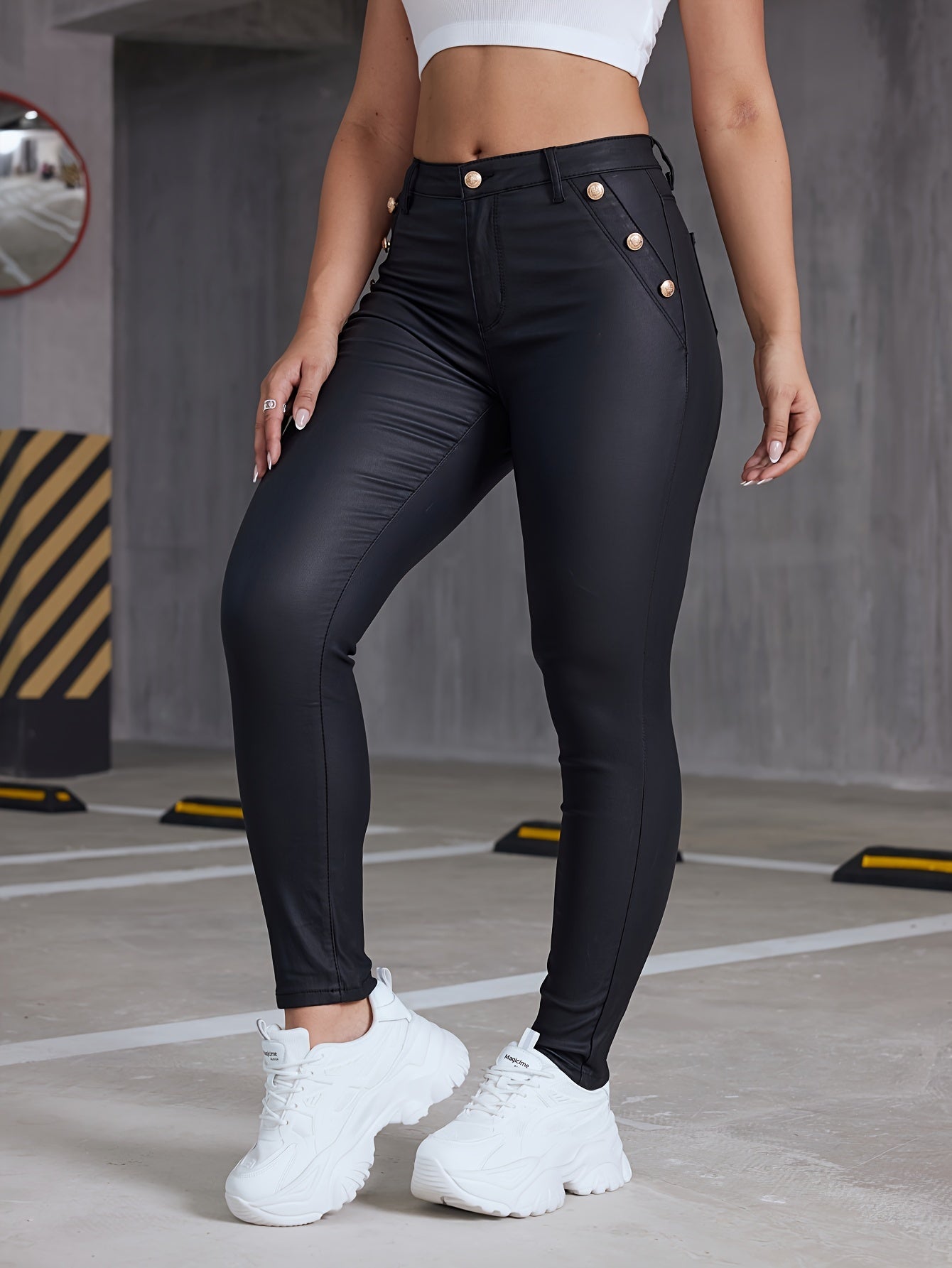 Women's PU Leather Coated Slim Fit Trousers, Sexy Skinny Denim Pants, All-Season Stretchy Jeans, Casual To Dressy Look, Spring/Summer/Autumn/Winter, Black Color