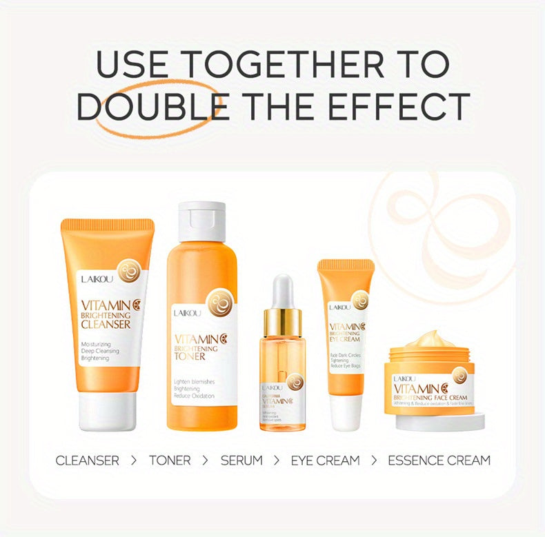 LAIKOU Vitamin C Series Skin Care Products Set 5 Piece Cleansing Skin Water Serum Eye Cream Essence Cream For Men And Women Daily Skin Care Gifts