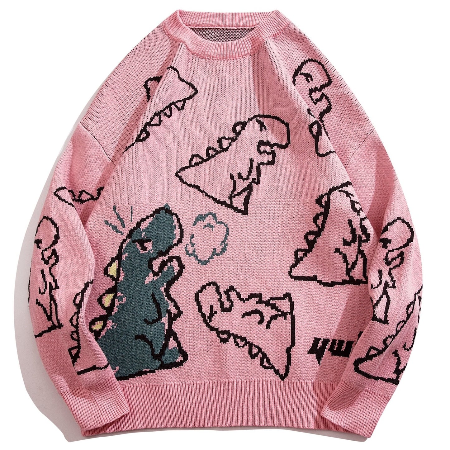 YWFG Unisex Casual Loose Fit Sweater - Black with Blue Dinosaur & Cloud Design, Long Sleeve Round Neck Pullover for Men & Women, Cozy Fall/Winter Knitwear, Dinosaur Clothes, Fall Winter Apparel, Playful Graphic Design, Comfor