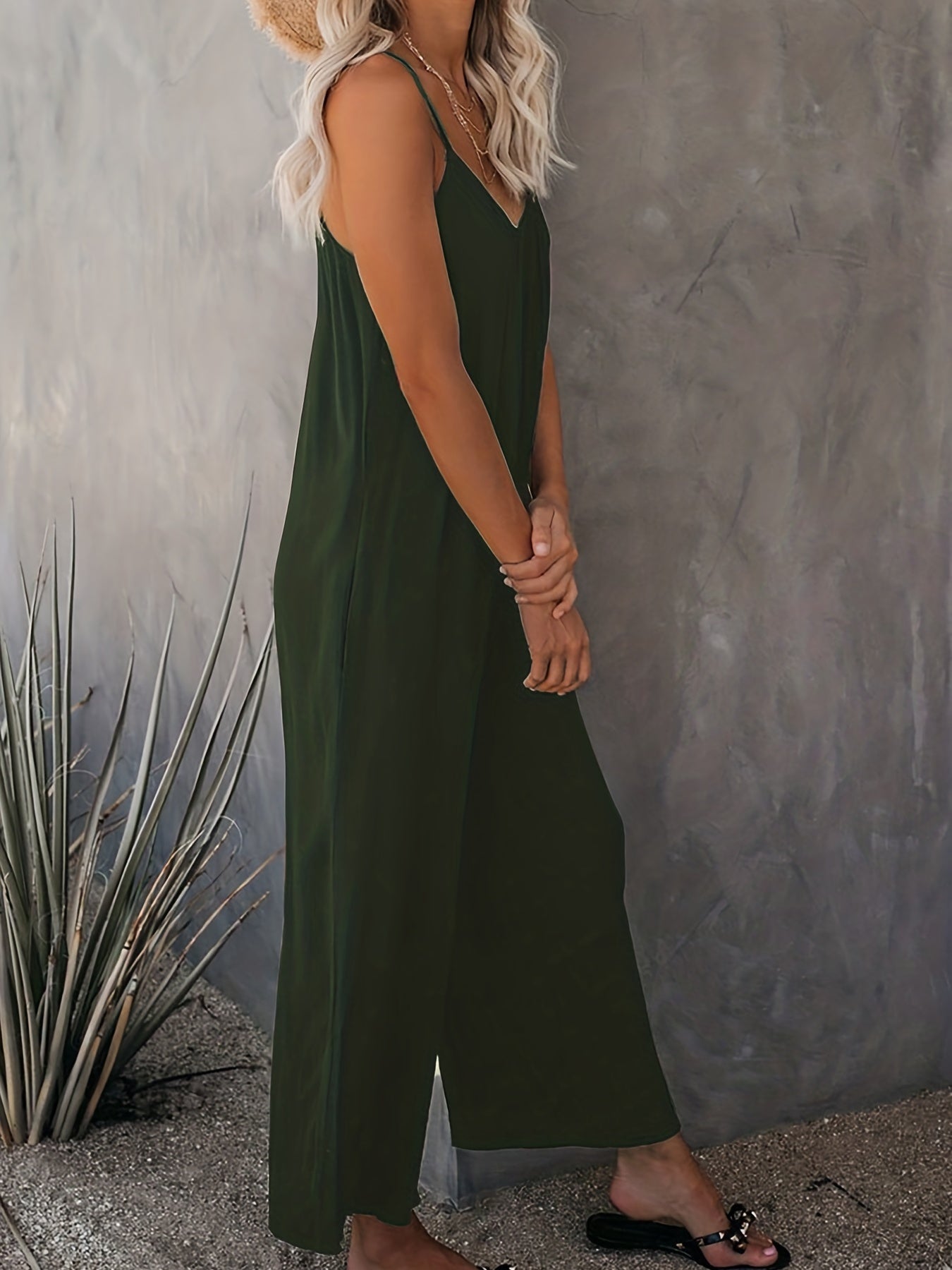 Plus Size Basic Jumpsuit, Women's Plus Solid V Neck Wide Leg Summer Cami Jumpsuit
