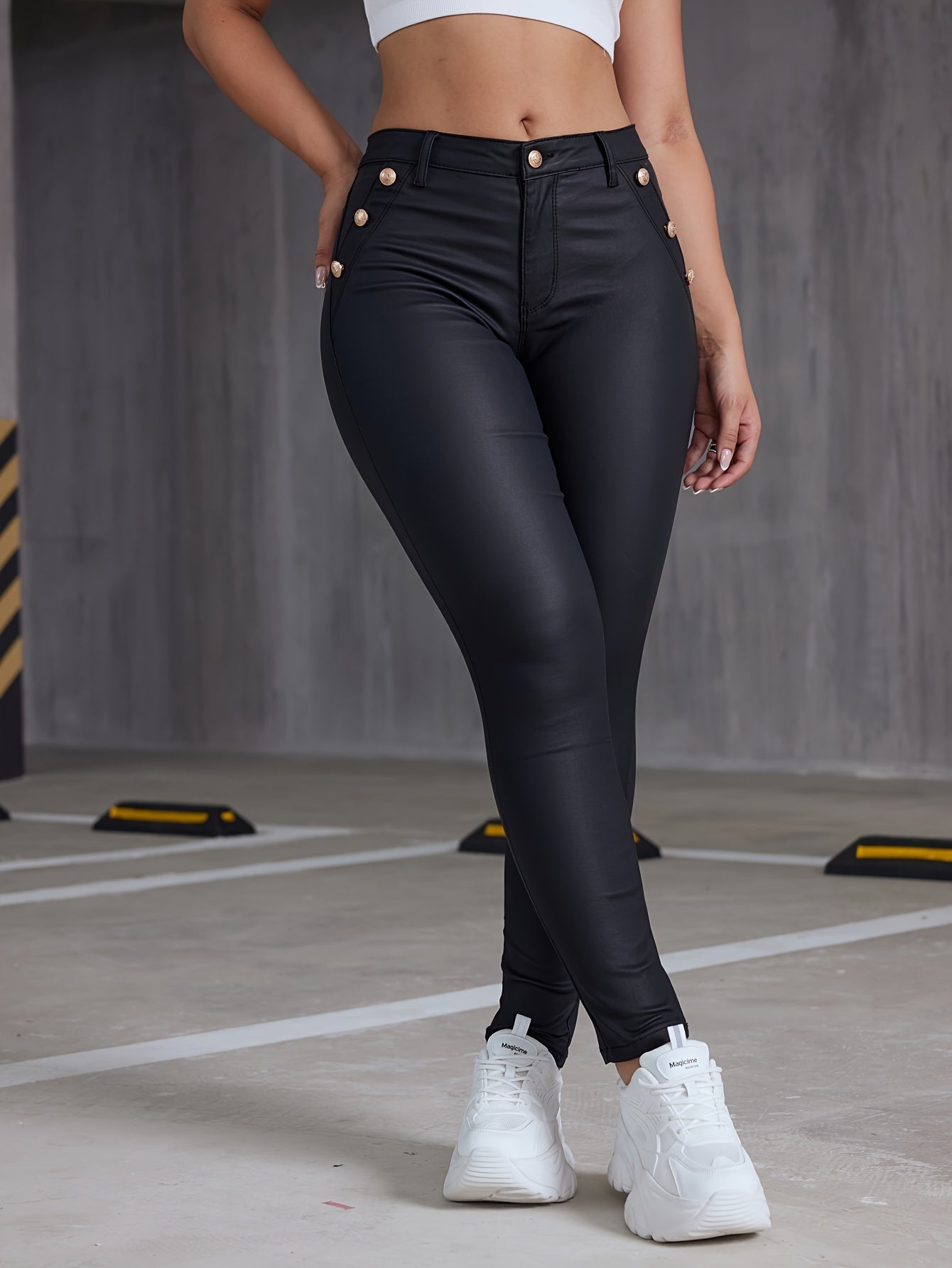 Women's PU Leather Coated Slim Fit Trousers, Sexy Skinny Denim Pants, All-Season Stretchy Jeans, Casual To Dressy Look, Spring/Summer/Autumn/Winter, Black Color