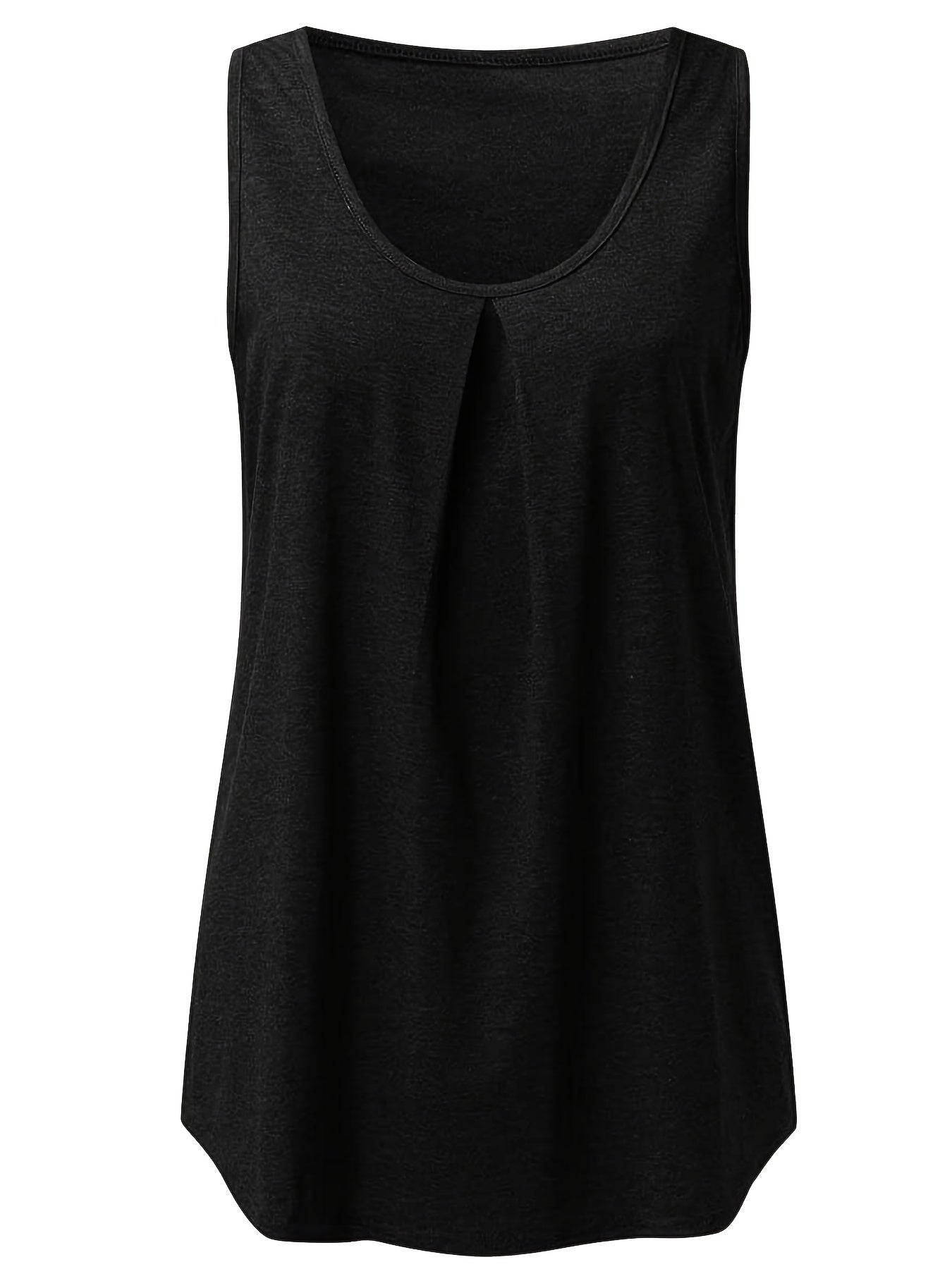 Plus Size Casual Tank Top, Women's Plus Plain Ruched Round Neck Medium Stretch Tank Top