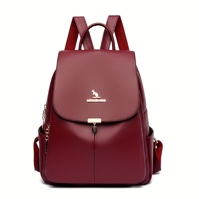 Flap Backpack For Women, Metal Decor School Bag, Fashion PU Leather Travel Daypack