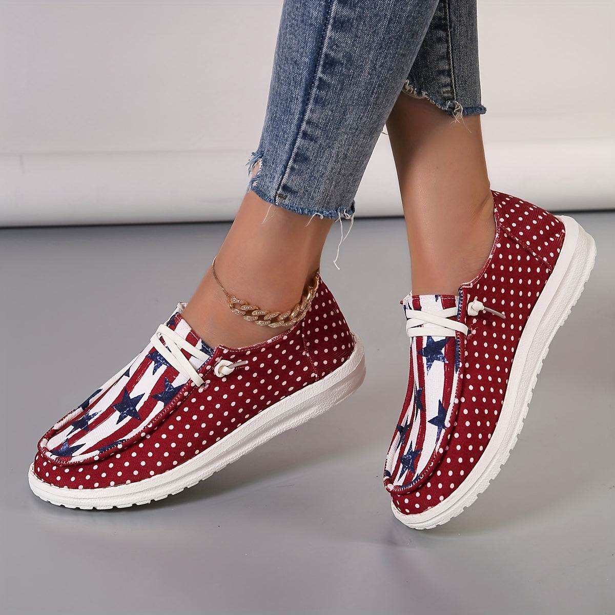 Stylish Womens Canvas Shoes - Breathable Mesh Inner, Geometric Pattern, Lightweight Rubber Sole, Round Toe, Casual Lace Up Sneakers for Outdoor Activities - Independence Day Flag Element Design