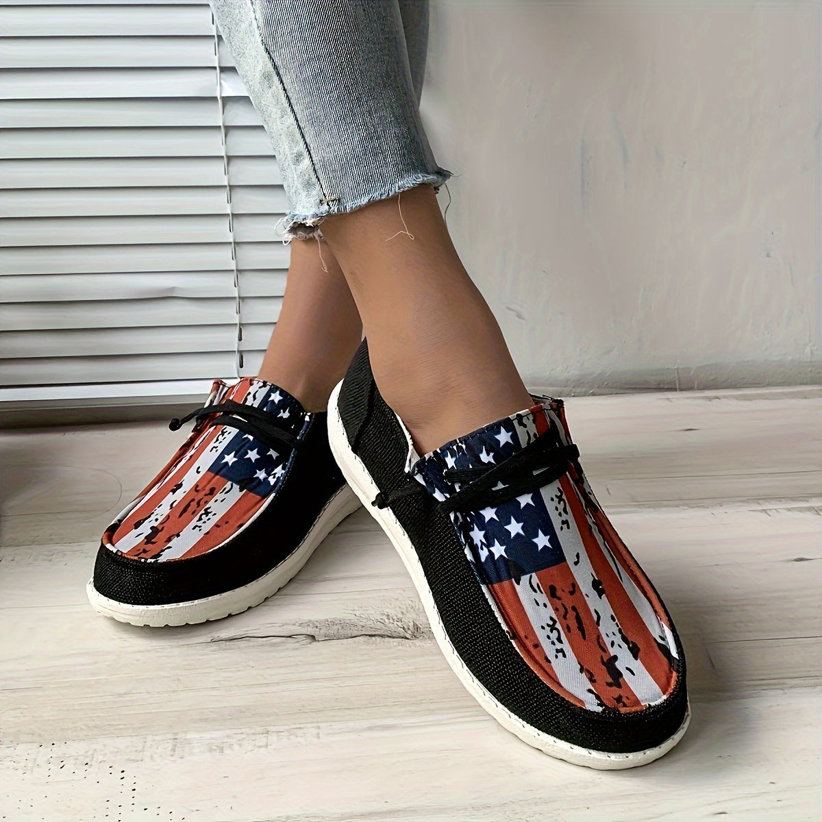 Stylish Womens Canvas Shoes - Breathable Mesh Inner, Geometric Pattern, Lightweight Rubber Sole, Round Toe, Casual Lace Up Sneakers for Outdoor Activities - Independence Day Flag Element Design