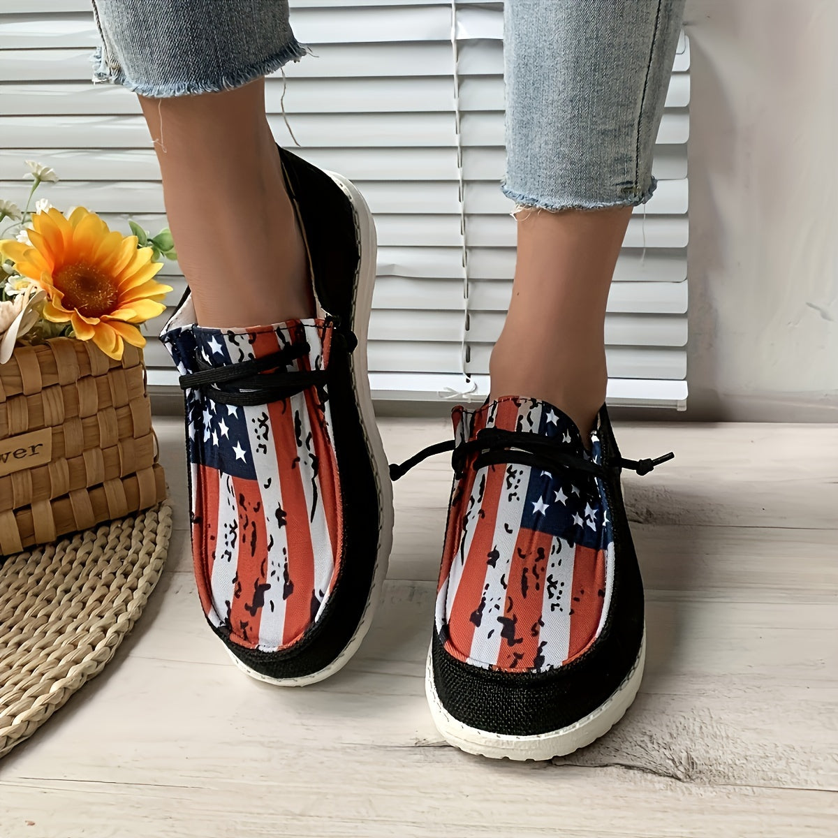 Stylish Womens Canvas Shoes - Breathable Mesh Inner, Geometric Pattern, Lightweight Rubber Sole, Round Toe, Casual Lace Up Sneakers for Outdoor Activities - Independence Day Flag Element Design
