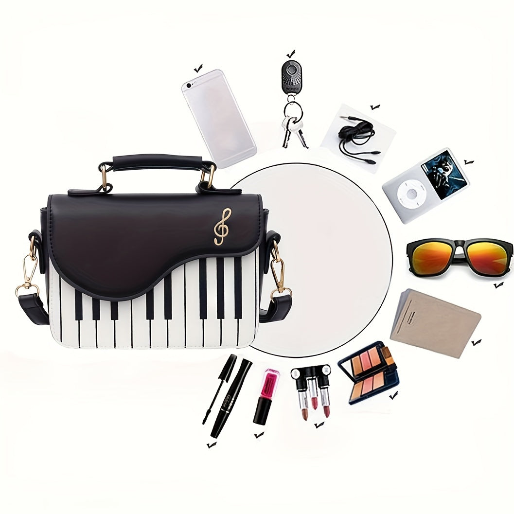 Women'S Piano Key Crossbody Bag - & Musical Note Design with Golden-Tone Hardware, Zipper Closure & Golden-Tone Hardware, Satchel Purse For Evening Events, Concerts, Casual Outings - Durable & Easy-clean, Concert Accessory, S