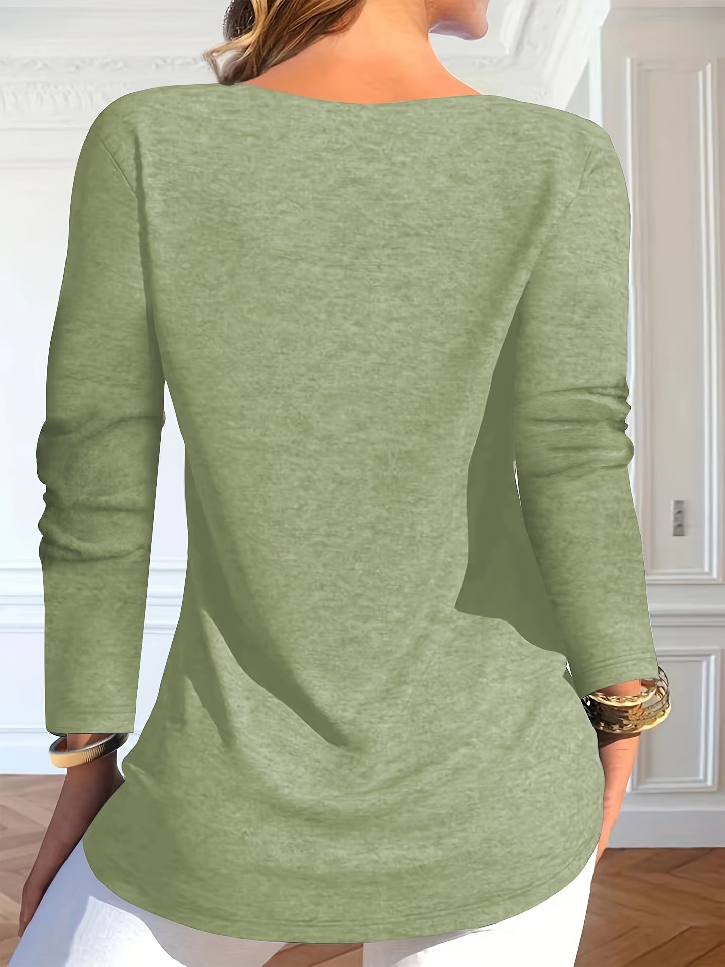 Stylish Ruched Crisscross V Neck Long Sleeve Top - Elegant Button Detail, Soft Fabric, Relaxed Fit, Women's Fashion Clothing for Everyday Wear