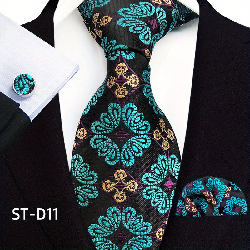 Three-Piece Gentlemans Accessory Set - Stylish Paisley Pattern Tie, Pocket Square, and Cufflinks - Perfect Gift Idea for Men on Special Occasions
