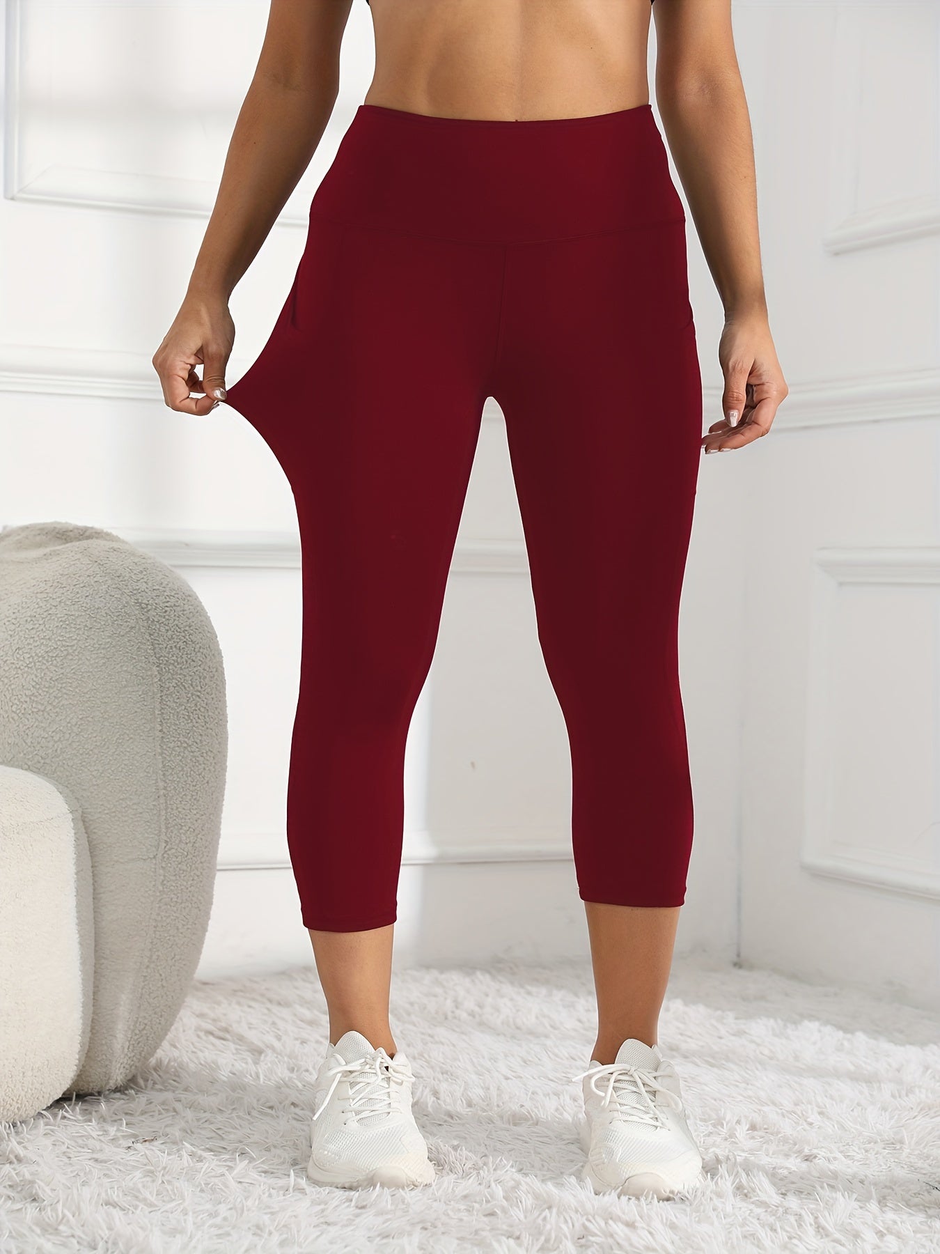Women's High-Waisted 7/8 Length Leg Workout Leggings - Full-Length Leg Muscle-Building Gym Pants with Pockets, Solid Green Yoga Pants for Cycling, Pilates, Training | All-Season Fitness Pants with 7/8th Leg Coverage, Smooth T