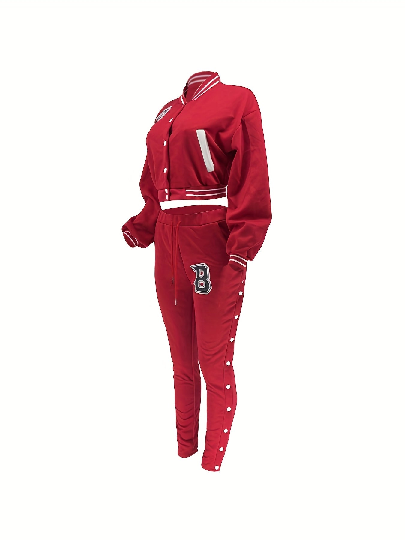 Women's Red Jacket and Pants Set - Casual Polyester with Letter "B" Patches, Button Closure, and Striped Accents