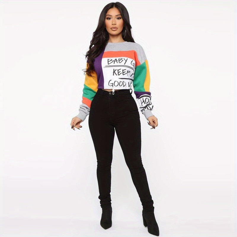 Women's Color Block Letter Print Sweatshirt - Cozy Long Sleeve Crew Neck for Fall & Winter