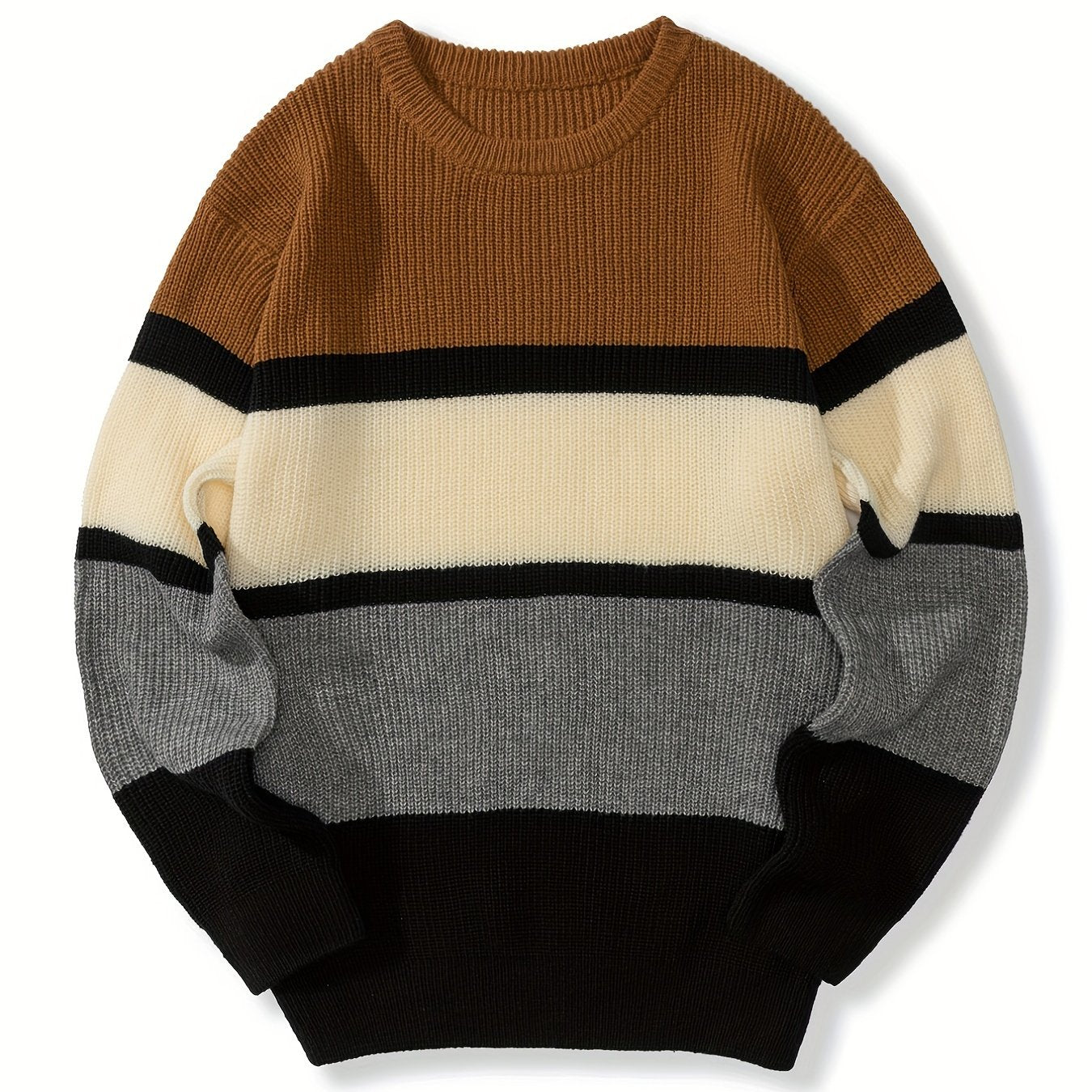 Plus Size Men's Fashion Stitching Color Stripe Sweater For Spring/autumn/winter, Long-sleeved Knit Pullover Sweater