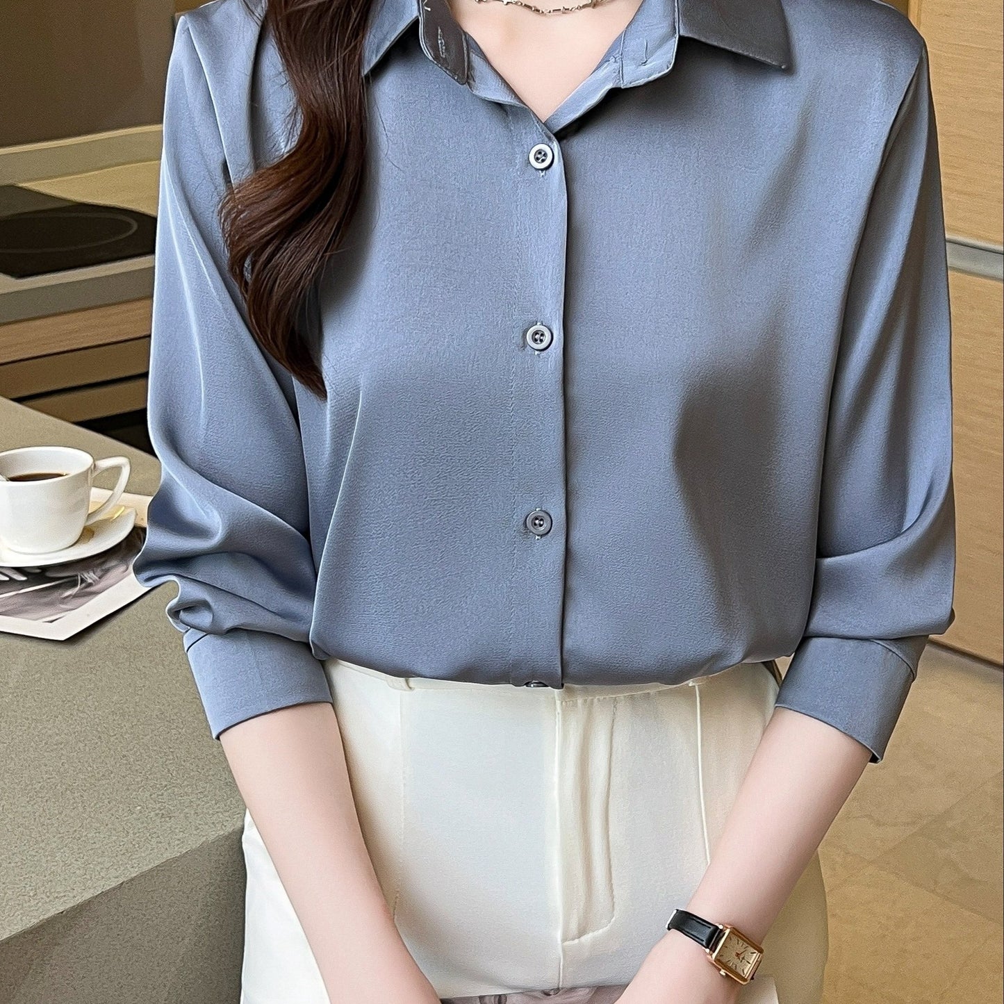 Womens Classic Solid Button Front Shirt - Flattering Long Sleeve Collar Design - Perfect for Work & Casual Office Wear - wardrobe Essential