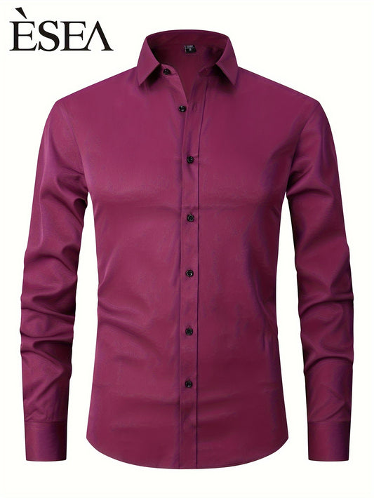 Men'S Slim-Fit Stretch Formal Shirt, Light Business Lapel Long Sleeve Shirt, Men'S Business Shirt Wrinkle-Resistant and Durable Solid Color Formal Long Sleeve Shirt with Buttons and Pockets Suitable for Work, Commuting, Datin