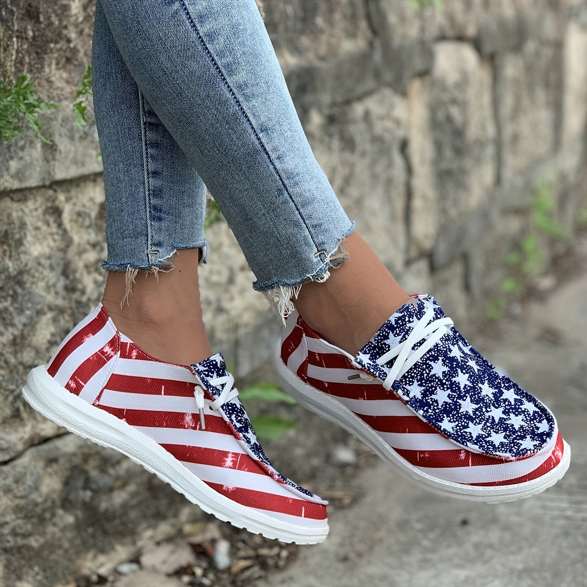 Stylish Womens Canvas Shoes - Breathable Mesh Lining, Fabric Insole, Random Stripe Pattern, Rubber Sole, Round Toe, Lightweight Low Top Design for Casual Outdoor Activities - Independence Day Flag Element