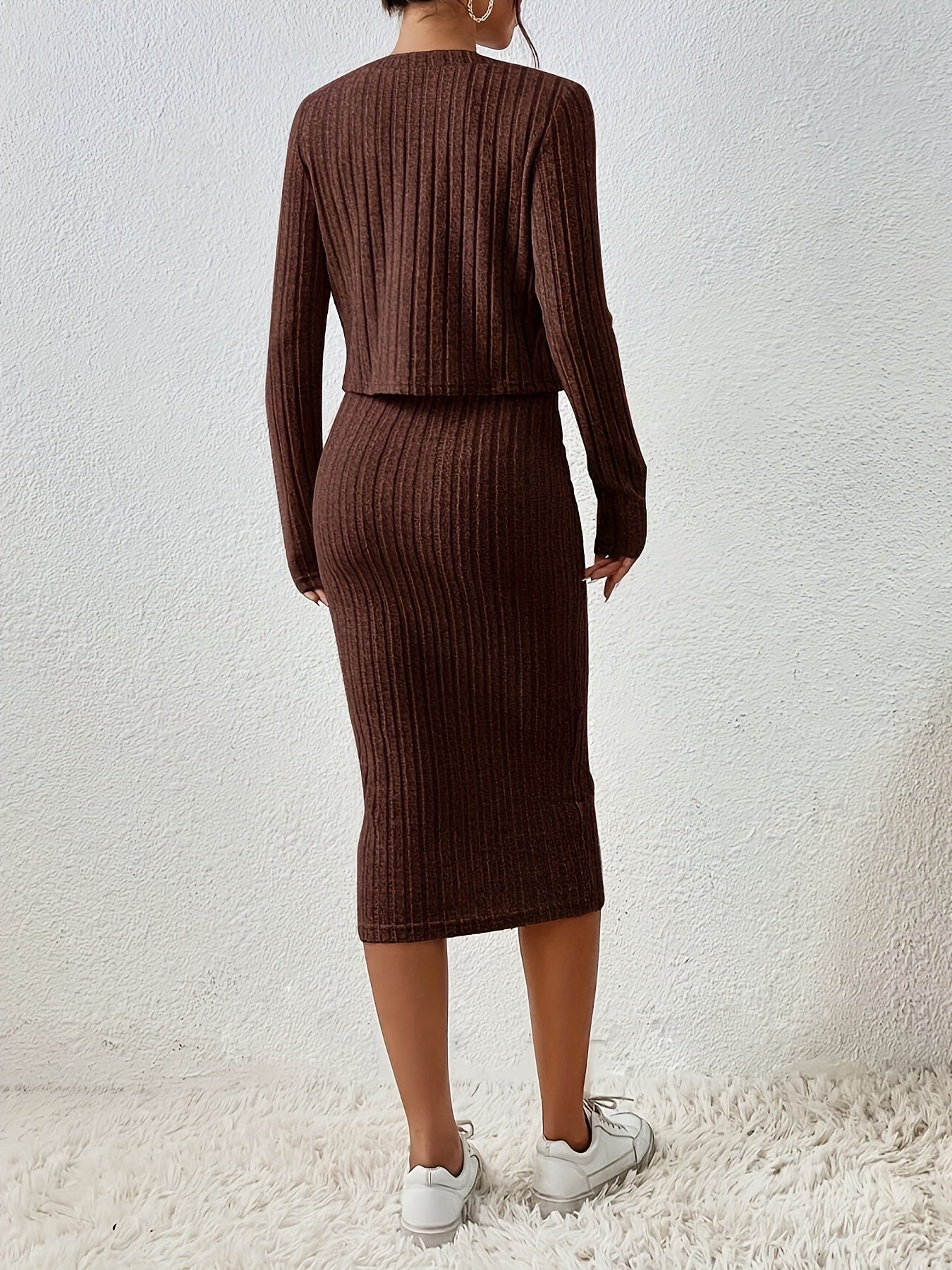 Chic Solid Two-Piece Set - Flattering Single-Breasted Cardigan & Sleeveless Bodycon Dress Outfit - Perfect for Casual or Formal Wear - Womens Fashion Clothing