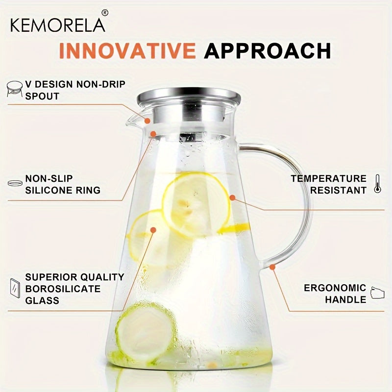 2.0 Liter 68oz Large Glass Pitcher With Lid - Heat Resistant, Easy Clean, Ergonomic Handle - Perfect For Hot/Cold Beverages, Water, Cold Brew, Iced Tea, Juice, and Infused Water at Home, Restaurant, Hotel, or Office