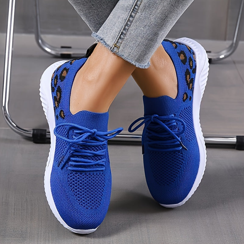 Women's Casual Sneakers - Flying Woven Leopard Pattern Breathable Lace-up Running Shoes - Plus Size - For Women - Suitable for Casual Wear, Running & Sports - Perfect Gift for Fashionable Women