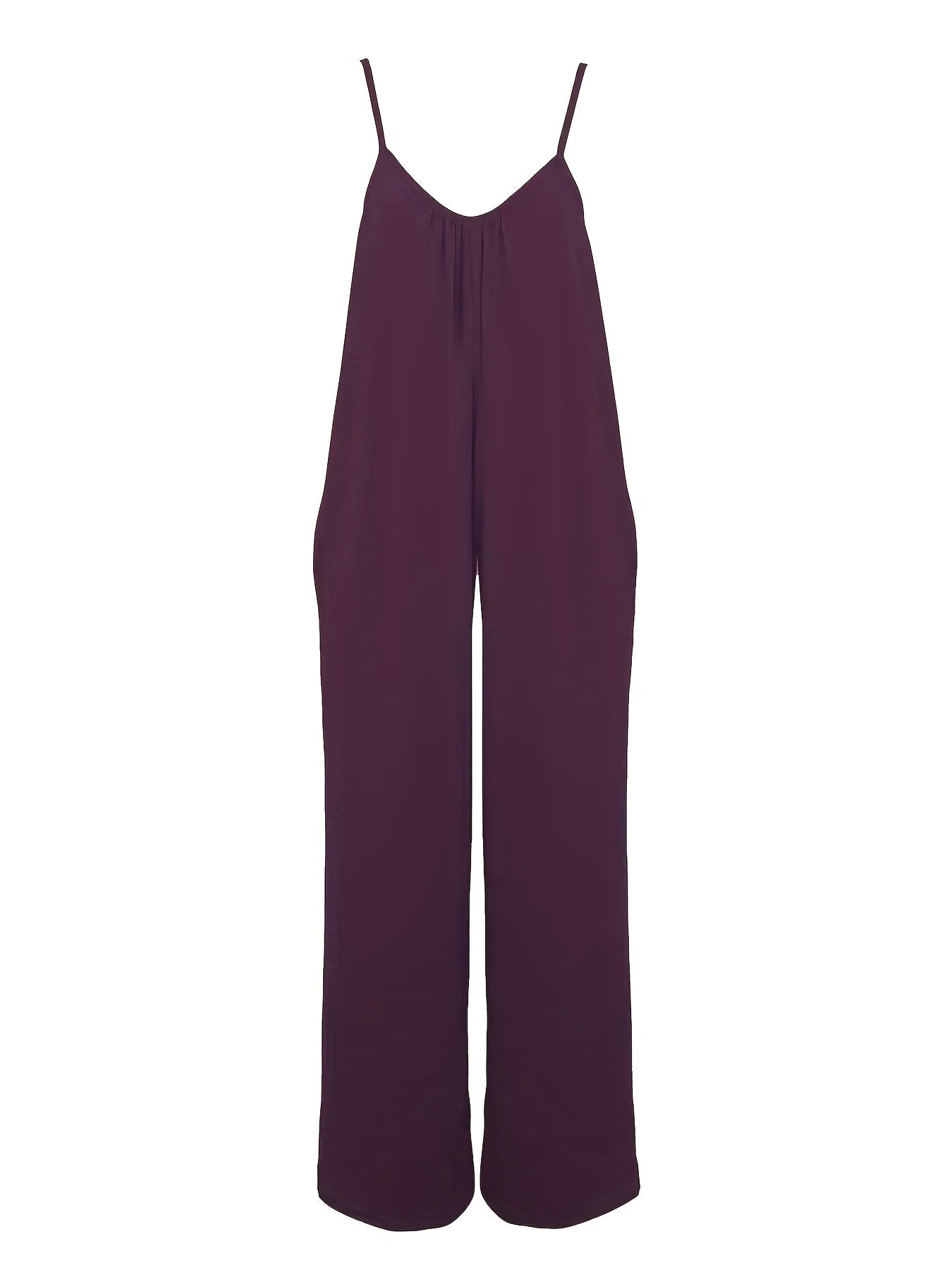 Plus Size Basic Jumpsuit, Women's Plus Solid V Neck Wide Leg Summer Cami Jumpsuit