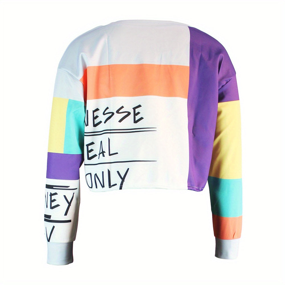 Women's Color Block Letter Print Sweatshirt - Cozy Long Sleeve Crew Neck for Fall & Winter