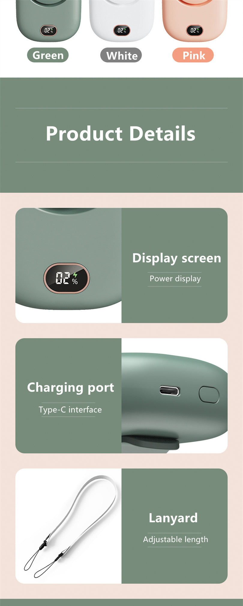 1pc, Portable USB Fan With Three-Speed Large Wind Adjustment, Waist-Hanging And Desktop Stand, Power Display, And Leafless Design