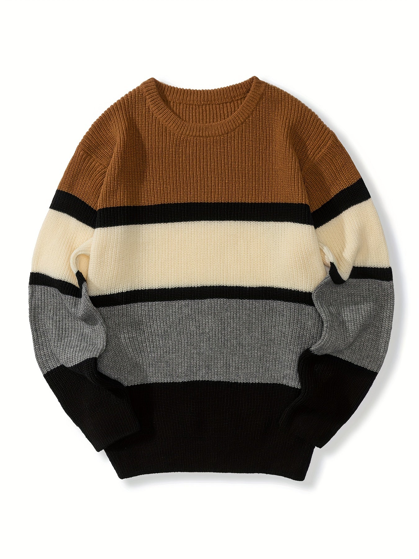 Plus Size Men's Fashion Stitching Color Stripe Sweater For Spring/autumn/winter, Long-sleeved Knit Pullover Sweater