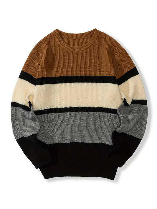 Plus Size Men's Fashion Stitching Color Stripe Sweater For Spring/autumn/winter, Long-sleeved Knit Pullover Sweater