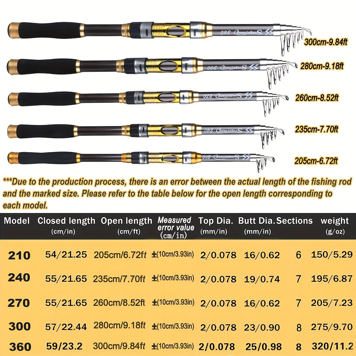 Sougayilang Spinning Fishing Rod Ultralight Carbon Fiber Portable Fishing Pole (actual Size:205-300cm/6.72-9.84ft)(due to Production Batch Problems, a Slight Error Is Within the Normal Range)