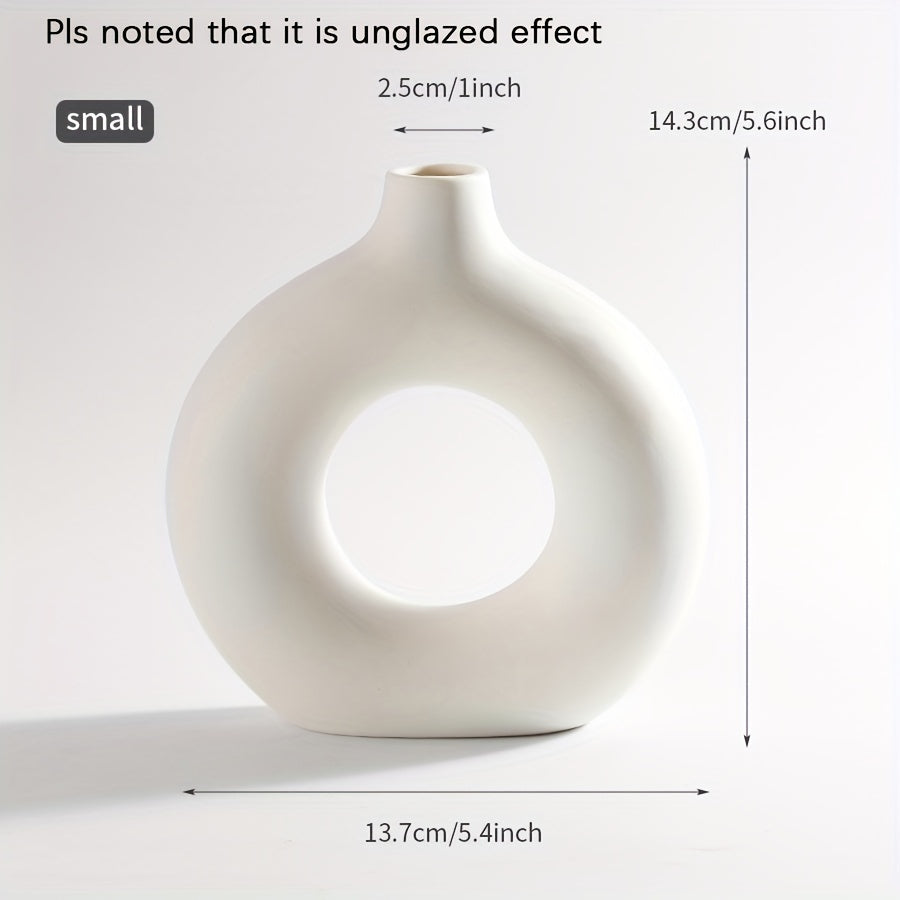 1pc Contemporary Ceramic Vase, Round Circle Design, Creative Ceramic Craft, Living Room Decor, Cross-Border Bestseller, 5.12*5.51inch Decorative Flower Vase