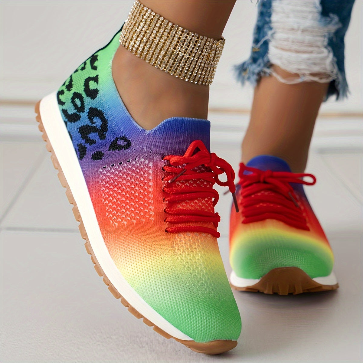 Women's Casual Sneakers - Flying Woven Leopard Pattern Breathable Lace-up Running Shoes - Plus Size - For Women - Suitable for Casual Wear, Running & Sports - Perfect Gift for Fashionable Women