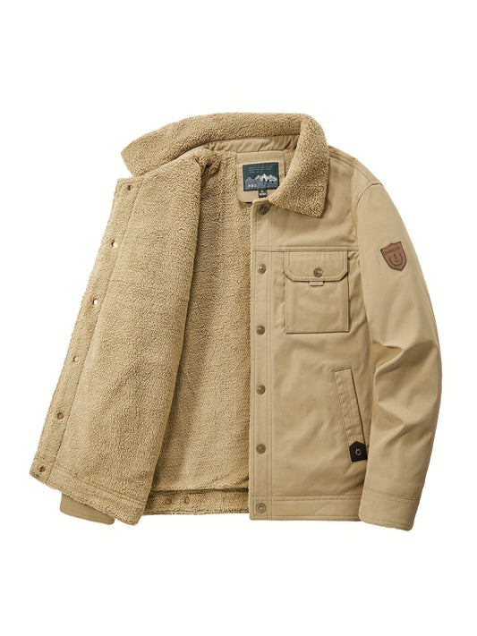 Men's Premium Fleece Windbreaker Jacket - Water-Resistant, Multi-Pocket, Lapel Collar, Casual, Breathable, Lightweight, Warm, and Comfortable for Fall and Winter Outdoor Activities, Hiking, Camping, and Daily Wear