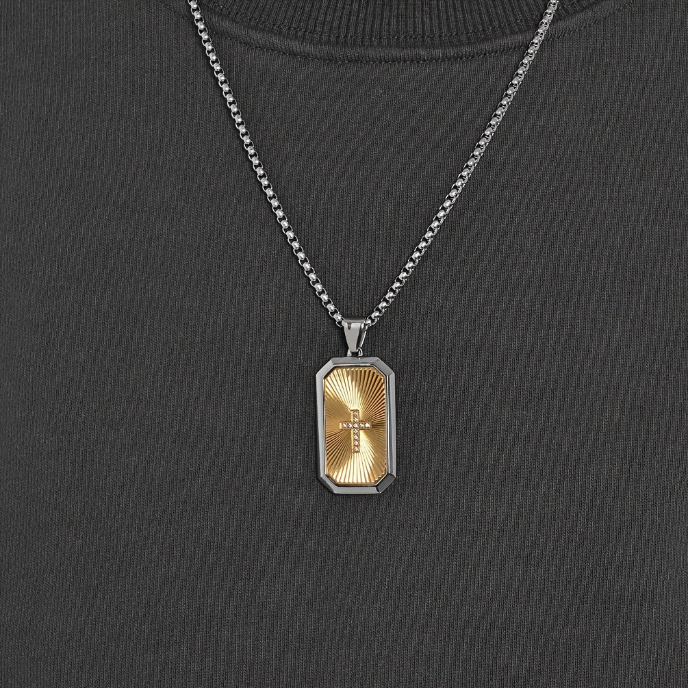 Men's Hip-Hop Necklace - Heavy Duty 316L Stainless Steel Chain, Matte Black & Golden Two-Tone Pendant, Modern Geometric Layered design for Everyday Formal Outfits - Urban Jewelry Gift for Men, Fashion Statement, Contemporary