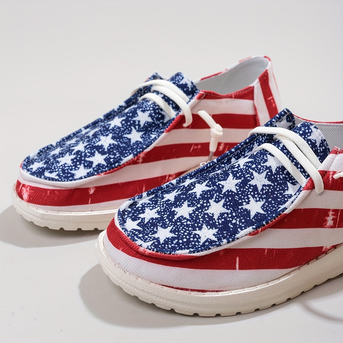 Stylish Womens Canvas Shoes - Breathable Mesh Lining, Fabric Insole, Random Stripe Pattern, Rubber Sole, Round Toe, Lightweight Low Top Design for Casual Outdoor Activities - Independence Day Flag Element