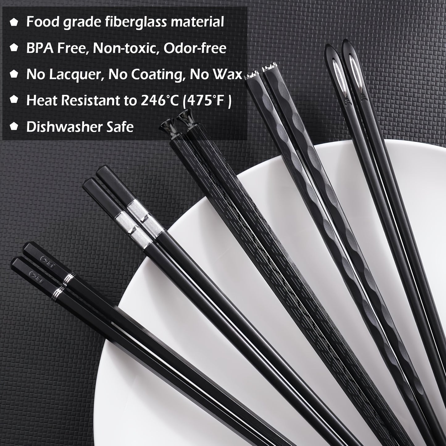 5 Pairs Reusable Metal Chopsticks Set, 9.5 Inch Dishwasher Safe Fiberglass Chopsticks, Non-Slip Chopsticks, Kitchen Gadgets Tableware for Restaurants, for Pasta, Sushi, Gnocchi, Desserts, Perfect Halloween And Christmas Gifts